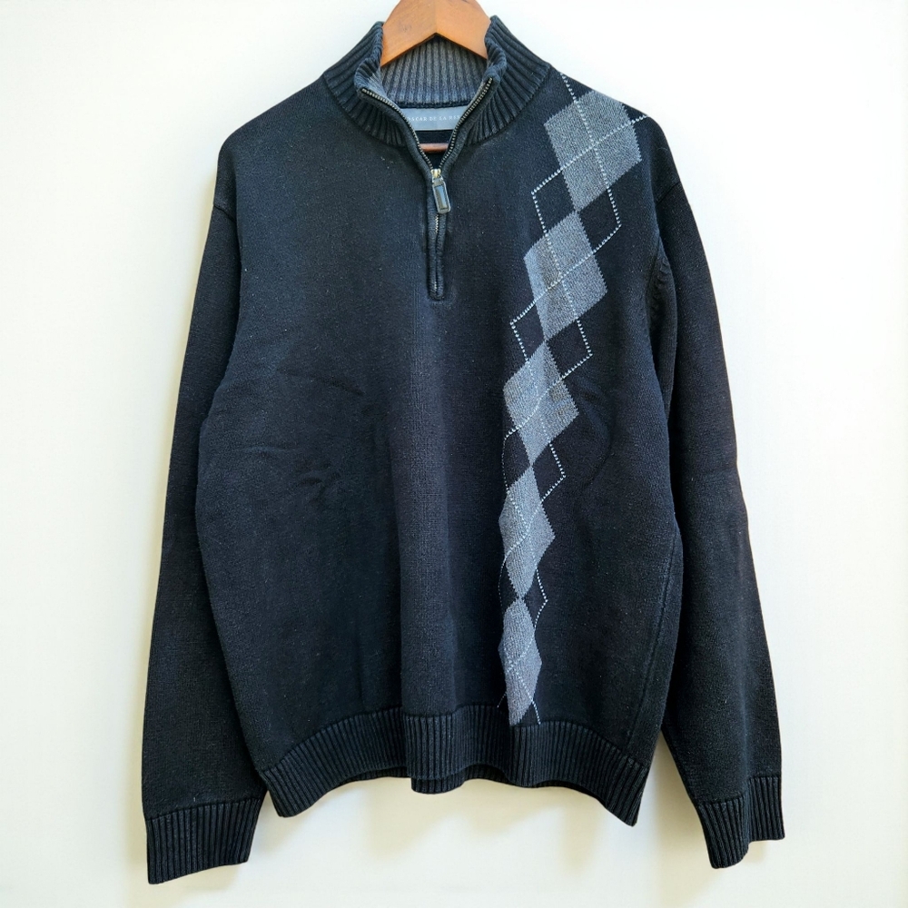 Oscar de la Renta 1/4 Zip Knit Sweater Diamond Stripe Knit Black Grey Mens XL